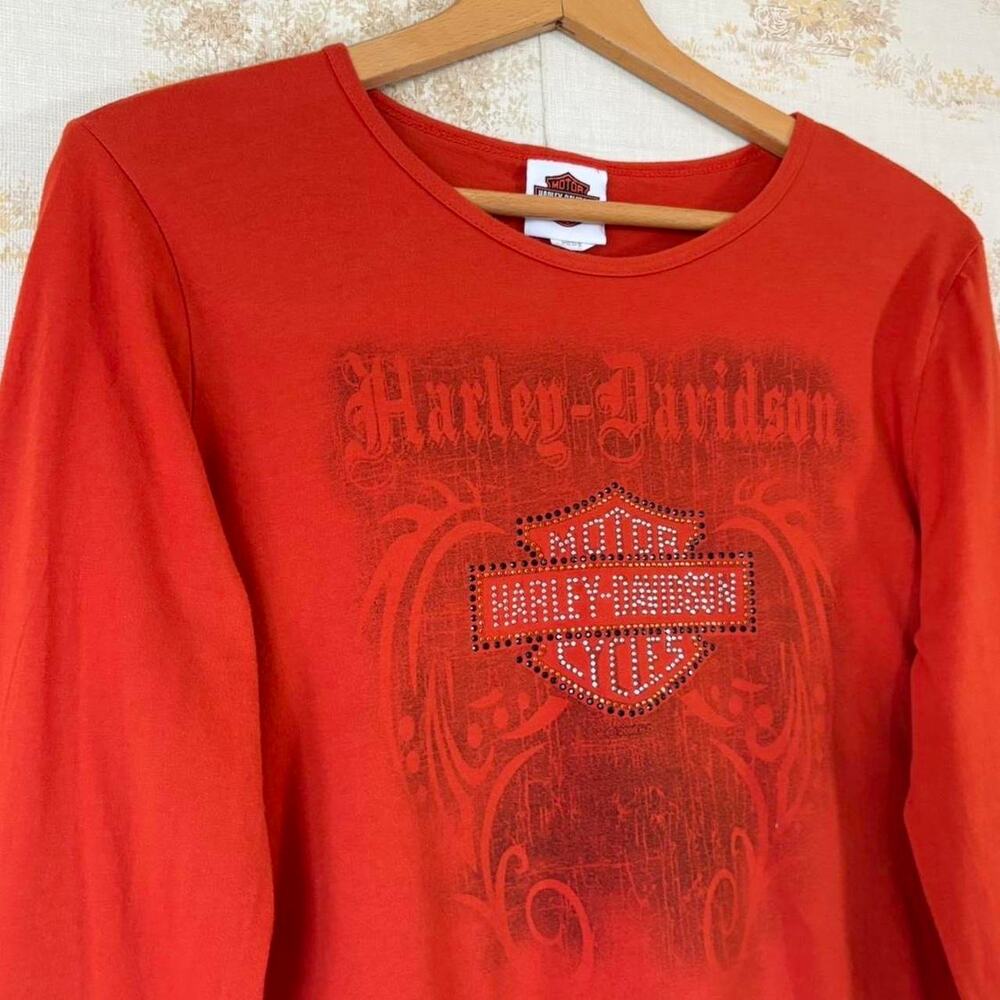 Vintage Y2K Harley Davidson Orange Rhinestone Long Sleeve Texas Biker Top M